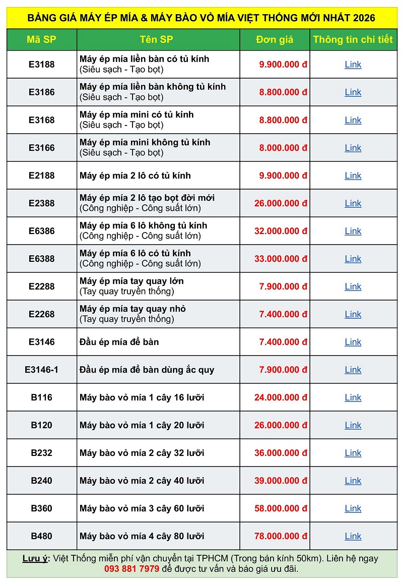 Bảng giá xe nước mía việt thống 2026